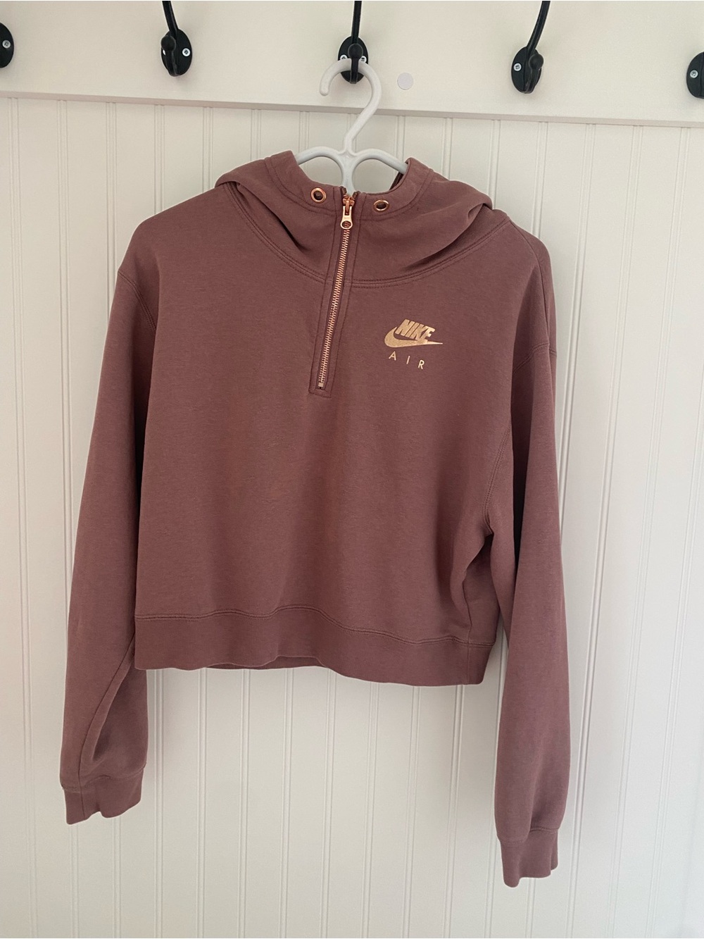Nike Women's Cropped Half-Zip Hoodie - Mauve with Gold Logo